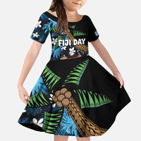 Fiji Day Family Matching Long Sleeve Bodycon Dress and Hawaiian Shirt Palm Tree With Plumeria Tapa Tribal Pattern LT03 Daughter's Dress Blue - Polynesian Pride