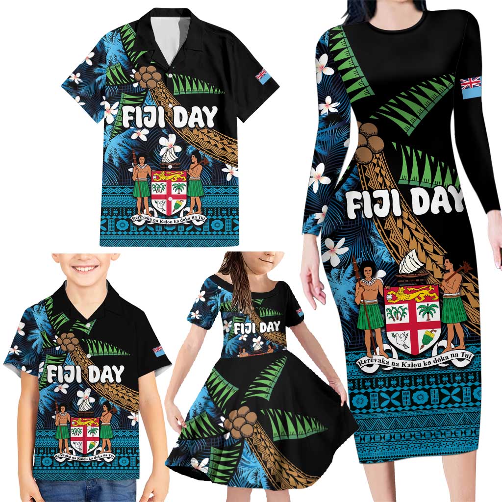 Fiji Day Family Matching Long Sleeve Bodycon Dress and Hawaiian Shirt Palm Tree With Plumeria Tapa Tribal Pattern LT03 - Polynesian Pride