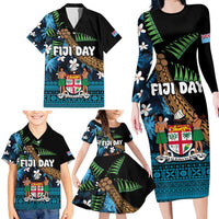 Fiji Day Family Matching Long Sleeve Bodycon Dress and Hawaiian Shirt Palm Tree With Plumeria Tapa Tribal Pattern LT03 - Polynesian Pride