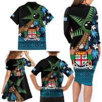 Fiji Day Family Matching Long Sleeve Bodycon Dress and Hawaiian Shirt Palm Tree With Plumeria Tapa Tribal Pattern LT03 - Polynesian Pride