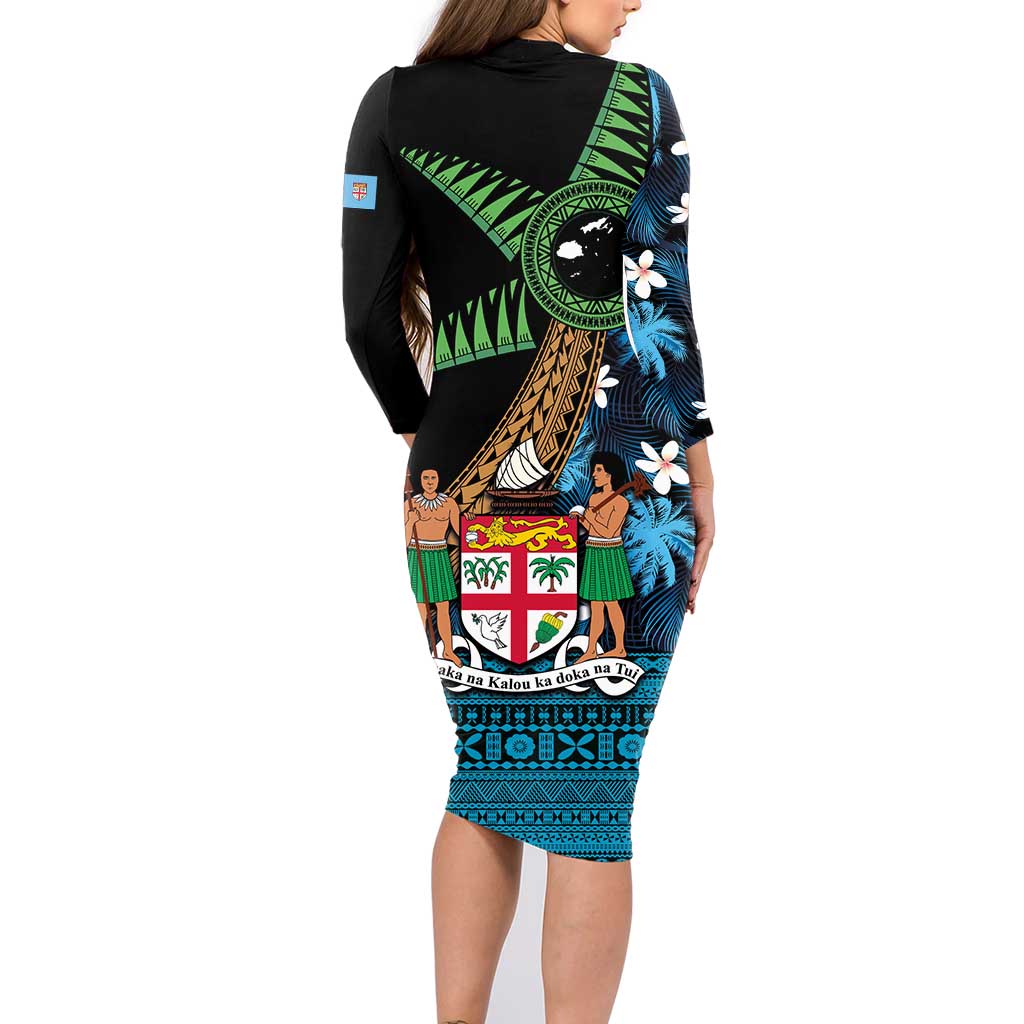 Fiji Day Family Matching Long Sleeve Bodycon Dress and Hawaiian Shirt Palm Tree With Plumeria Tapa Tribal Pattern LT03 - Polynesian Pride