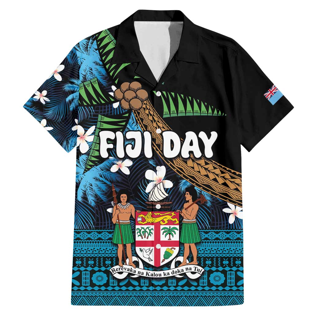 Fiji Day Family Matching Mermaid Dress and Hawaiian Shirt Palm Tree With Plumeria Tapa Tribal Pattern LT03 Dad's Shirt - Short Sleeve Blue - Polynesian Pride