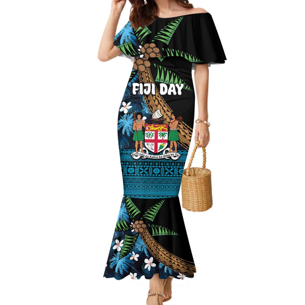 Fiji Day Family Matching Mermaid Dress and Hawaiian Shirt Palm Tree With Plumeria Tapa Tribal Pattern LT03 Mom's Dress Blue - Polynesian Pride