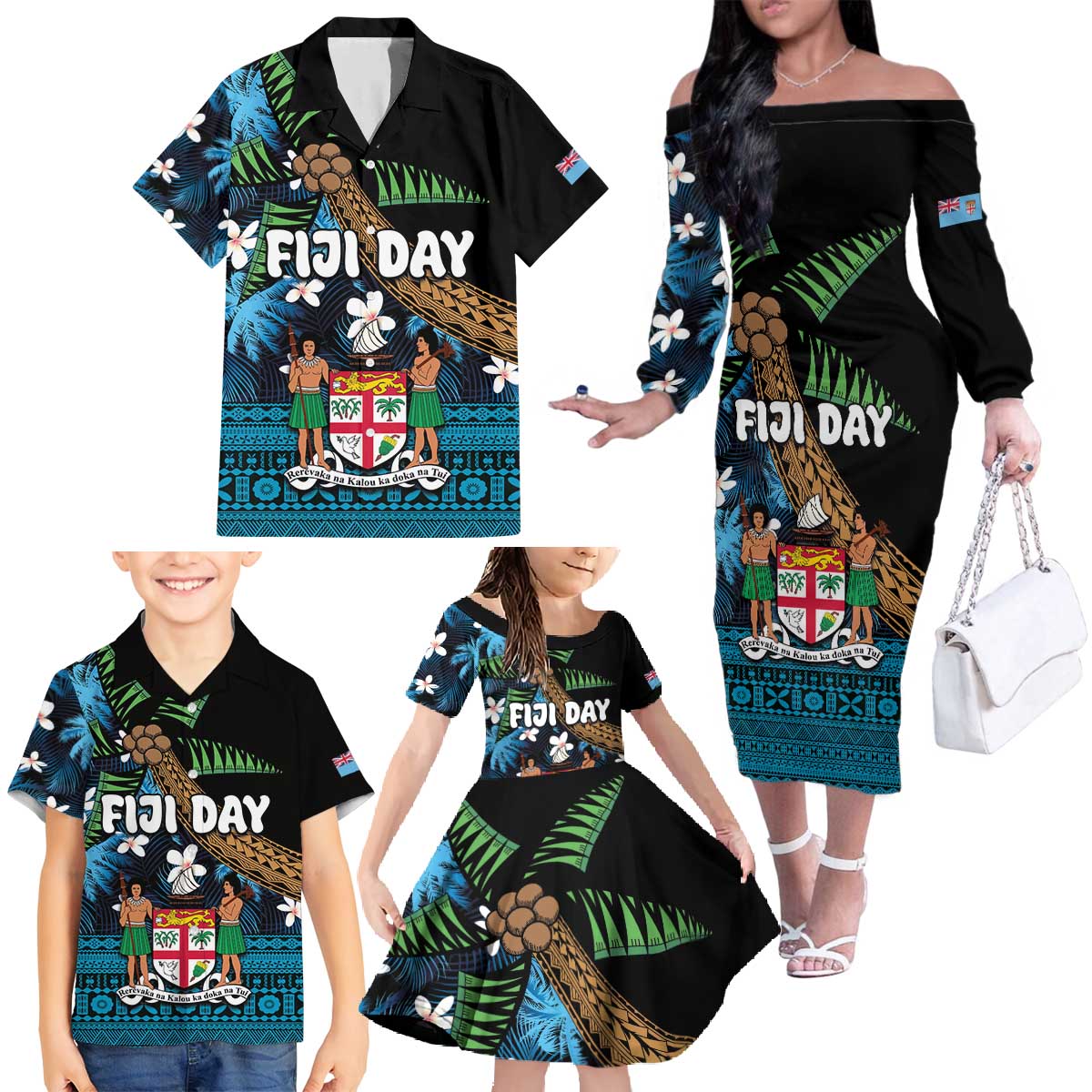 Fiji Day Family Matching Off The Shoulder Long Sleeve Dress and Hawaiian Shirt Palm Tree With Plumeria Tapa Tribal Pattern LT03 - Polynesian Pride