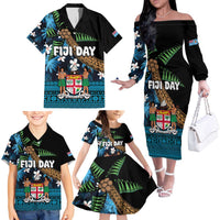 Fiji Day Family Matching Off The Shoulder Long Sleeve Dress and Hawaiian Shirt Palm Tree With Plumeria Tapa Tribal Pattern LT03 - Polynesian Pride