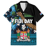 Fiji Day Family Matching Off The Shoulder Long Sleeve Dress and Hawaiian Shirt Palm Tree With Plumeria Tapa Tribal Pattern LT03 Dad's Shirt - Short Sleeve Blue - Polynesian Pride