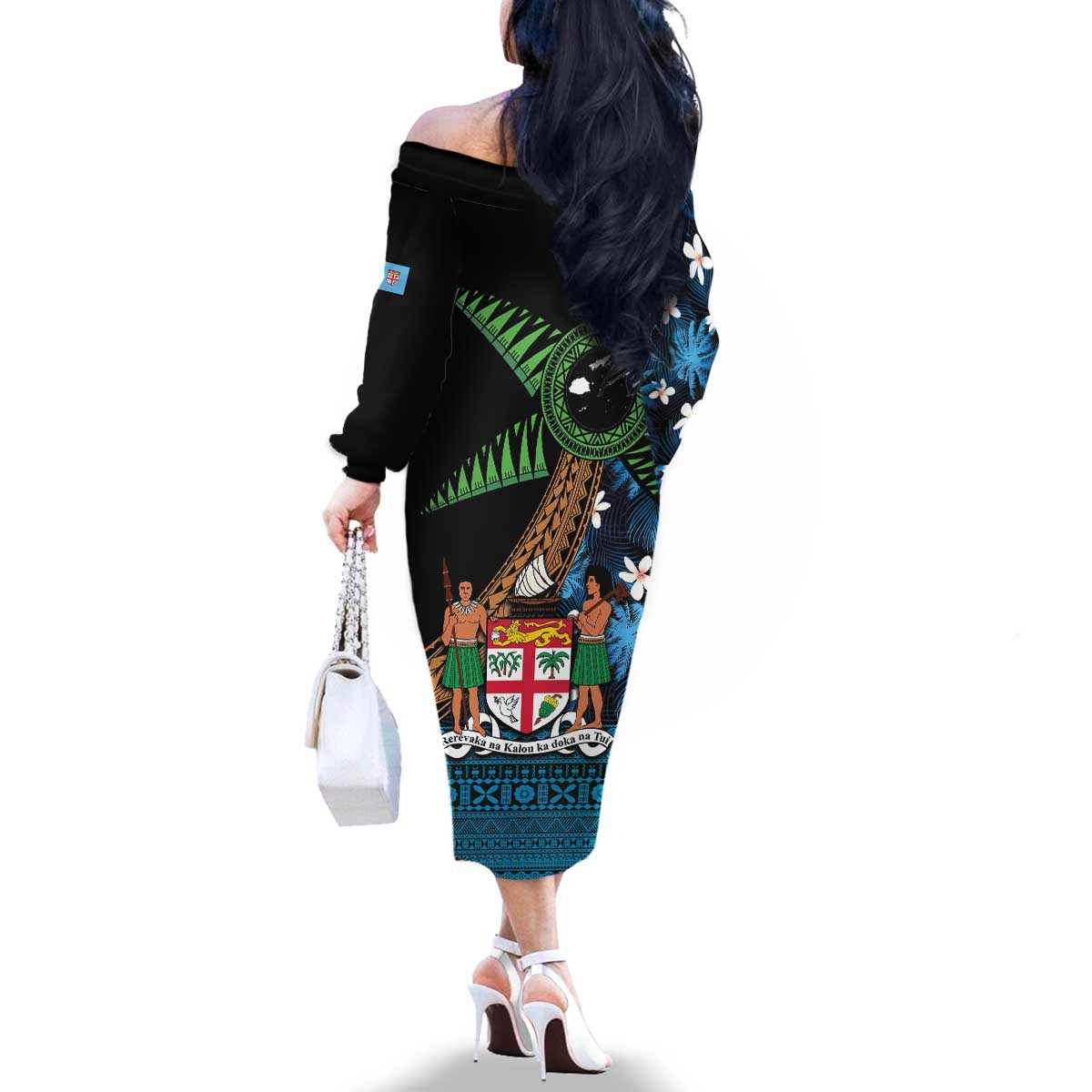 Fiji Day Family Matching Off The Shoulder Long Sleeve Dress and Hawaiian Shirt Palm Tree With Plumeria Tapa Tribal Pattern LT03 - Polynesian Pride