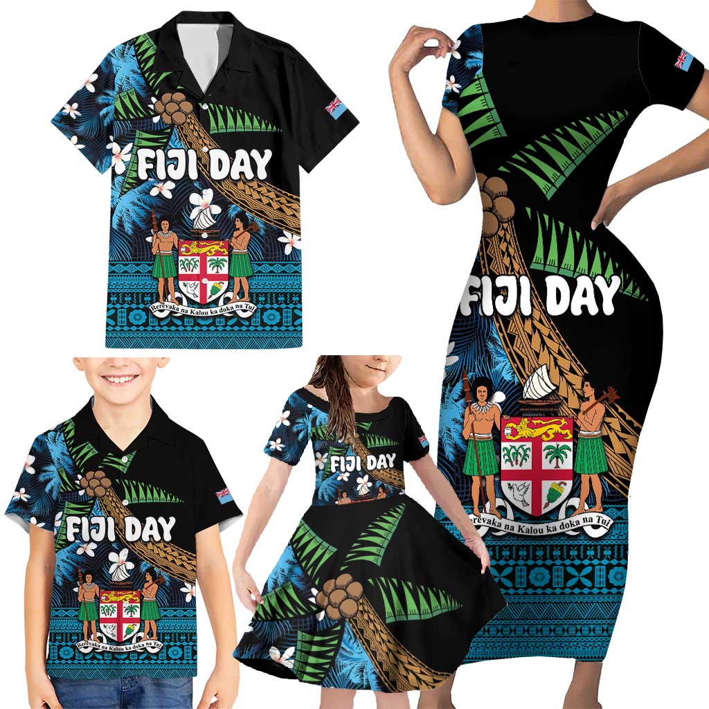 Fiji Day Family Matching Short Sleeve Bodycon Dress and Hawaiian Shirt Palm Tree With Plumeria Tapa Tribal Pattern LT03 - Polynesian Pride