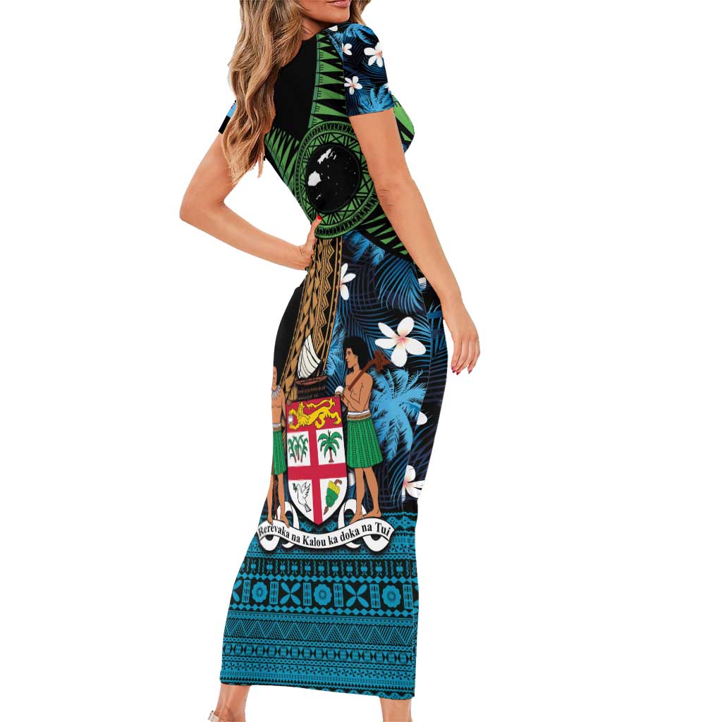 Fiji Day Family Matching Short Sleeve Bodycon Dress and Hawaiian Shirt Palm Tree With Plumeria Tapa Tribal Pattern LT03 - Polynesian Pride