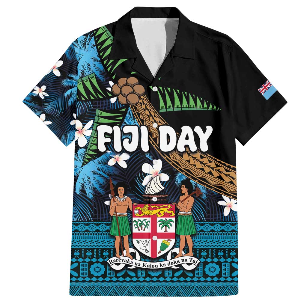 Fiji Day Family Matching Tank Maxi Dress and Hawaiian Shirt Palm Tree With Plumeria Tapa Tribal Pattern LT03 Dad's Shirt - Short Sleeve Blue - Polynesian Pride