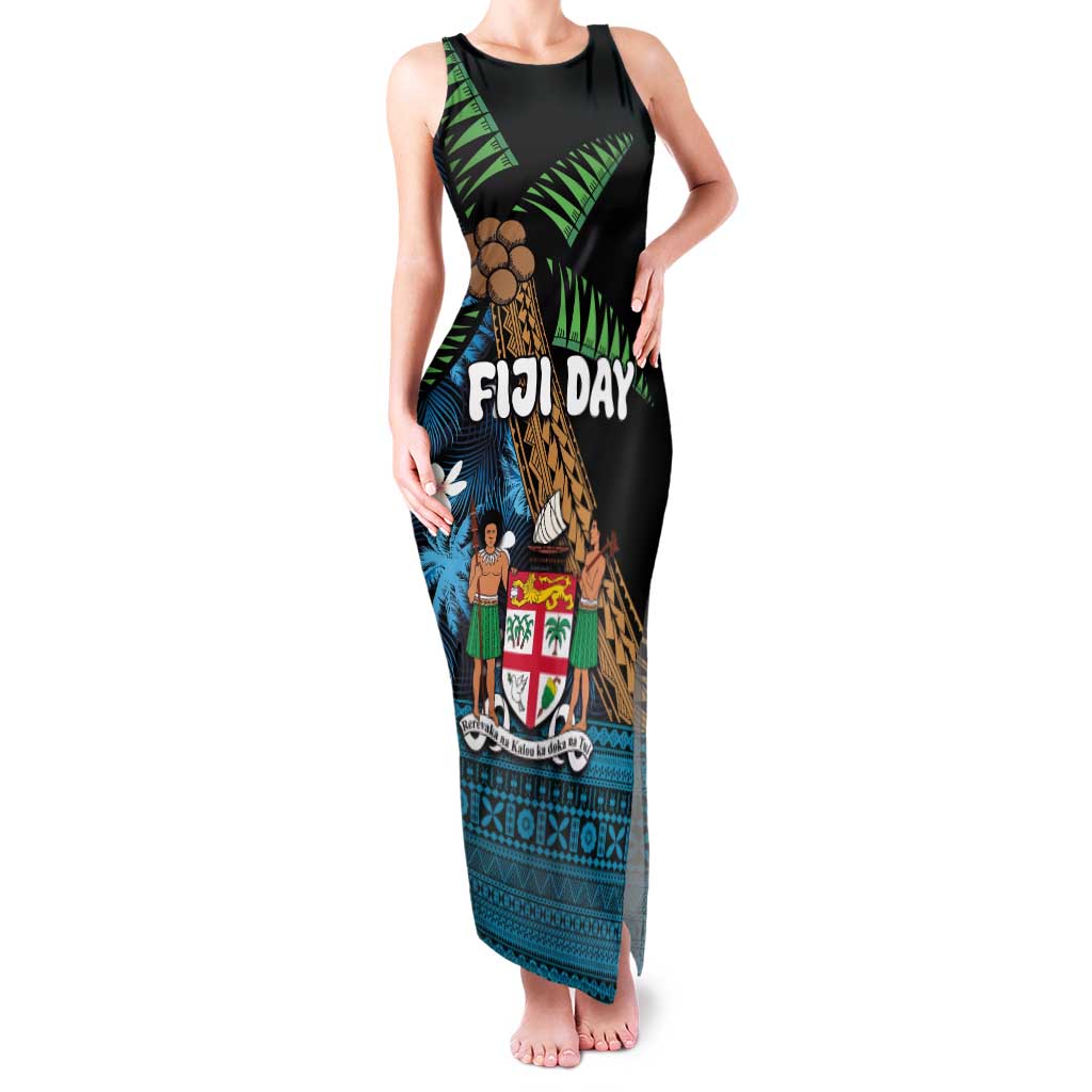 Fiji Day Family Matching Tank Maxi Dress and Hawaiian Shirt Palm Tree With Plumeria Tapa Tribal Pattern LT03 Mom's Dress Blue - Polynesian Pride