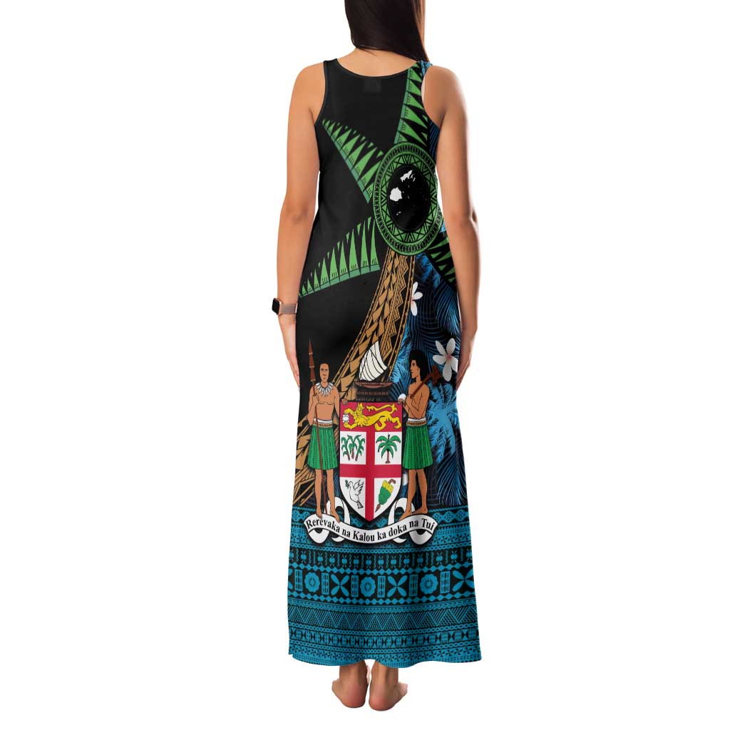 Fiji Day Family Matching Tank Maxi Dress and Hawaiian Shirt Palm Tree With Plumeria Tapa Tribal Pattern LT03 - Polynesian Pride
