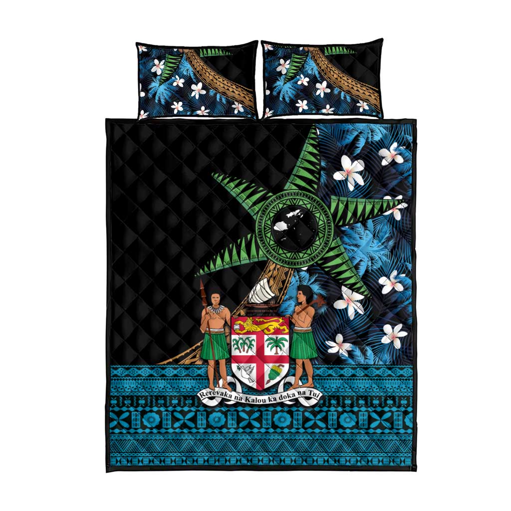 Fiji Day Quilt Bed Set Palm Tree With Plumeria Tapa Tribal Pattern