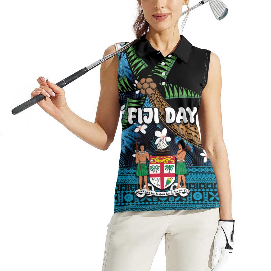 Fiji Day Women Sleeveless Polo Shirt Palm Tree With Plumeria Tapa Tribal Pattern