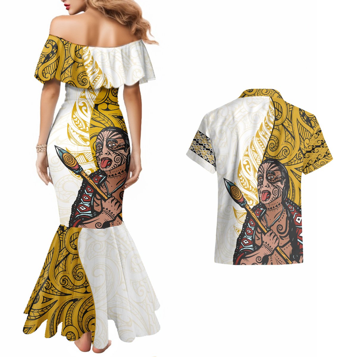 Maori Warrior Couples Matching Mermaid Dress and Hawaiian Shirt Silver Fern New Zealand Map With Kowhaiwhai Pattern LT03 - Polynesian Pride