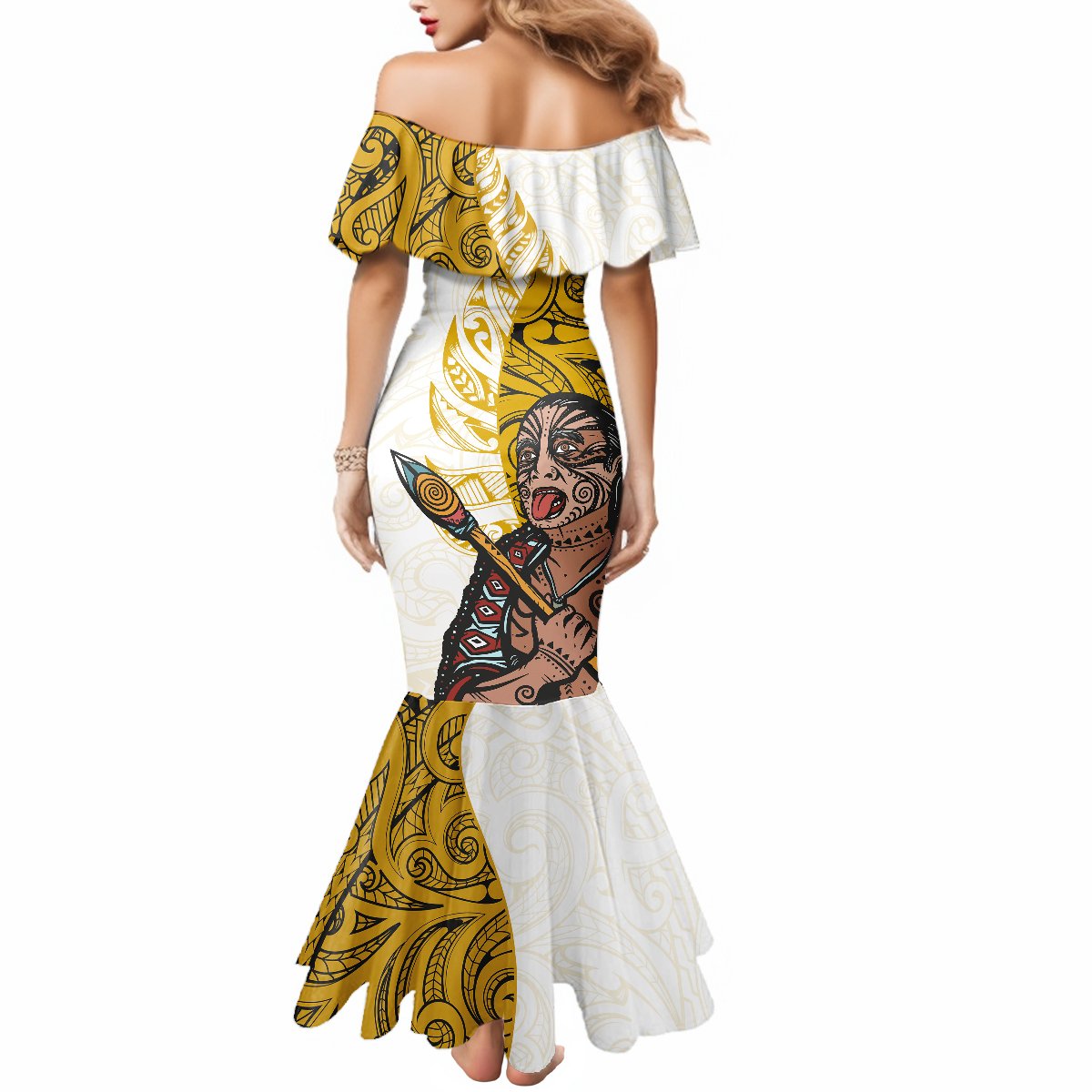 Maori Warrior Mermaid Dress Silver Fern New Zealand Map With Kowhaiwhai Pattern LT03 - Polynesian Pride