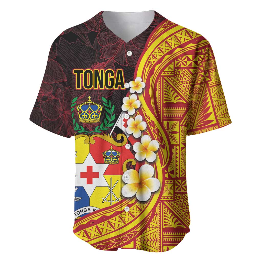 Tonga Culture Baseball Jersey Ngatu Pattern with Plumeria and Hibiscus LT03 Black - Polynesian Pride