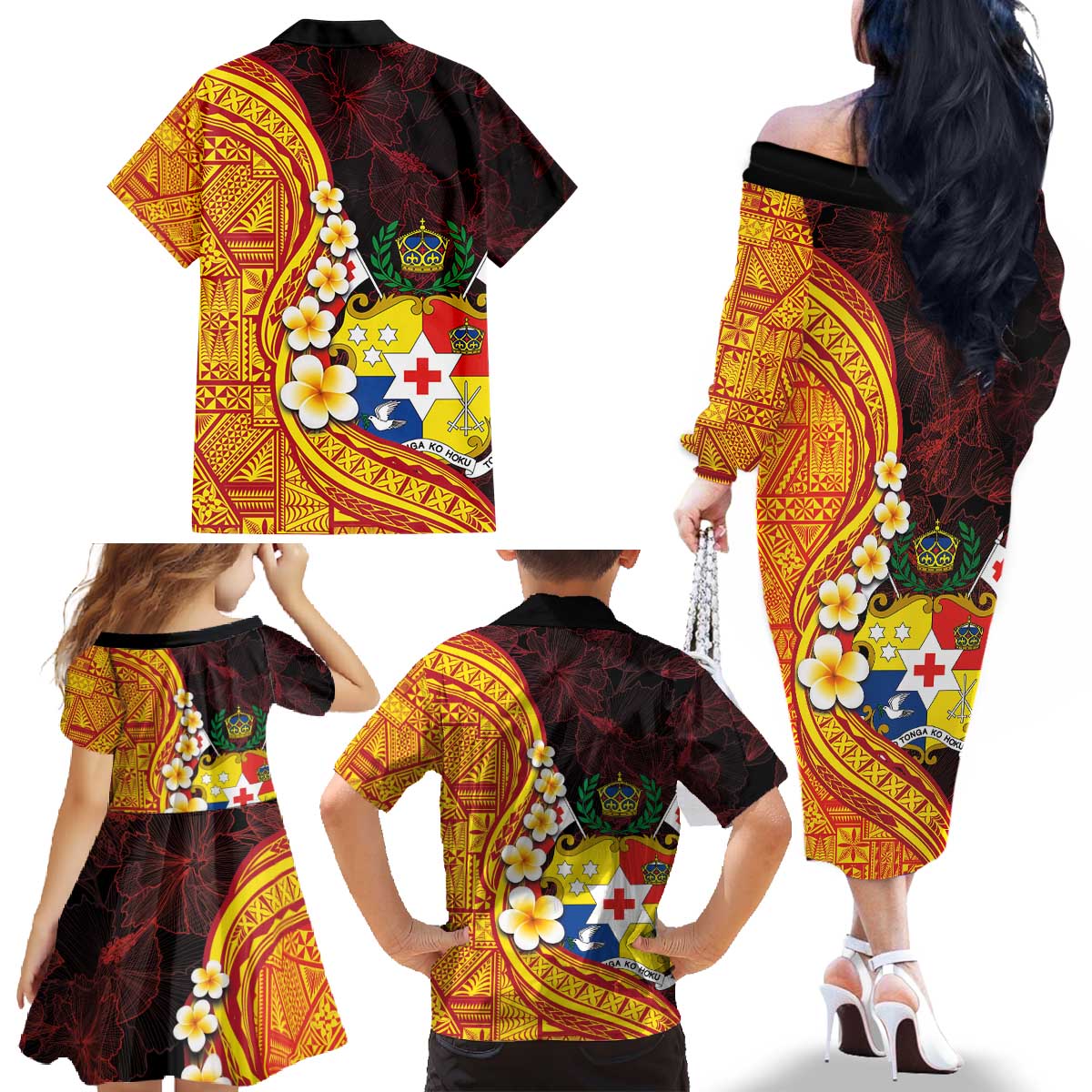 Tonga Culture Family Matching Off The Shoulder Long Sleeve Dress and Hawaiian Shirt Ngatu Pattern with Plumeria and Hibiscus LT03 - Polynesian Pride