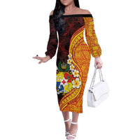 Tonga Culture Family Matching Off The Shoulder Long Sleeve Dress and Hawaiian Shirt Ngatu Pattern with Plumeria and Hibiscus LT03 Mom's Dress Black - Polynesian Pride