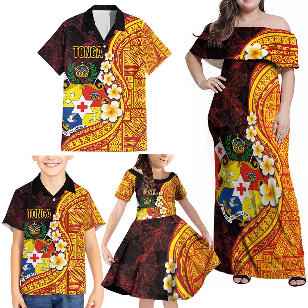 Tonga Culture Family Matching Off Shoulder Maxi Dress and Hawaiian Shirt Ngatu Pattern with Plumeria and Hibiscus LT03 - Polynesian Pride