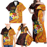 Tonga Culture Family Matching Off Shoulder Maxi Dress and Hawaiian Shirt Ngatu Pattern with Plumeria and Hibiscus LT03 - Polynesian Pride