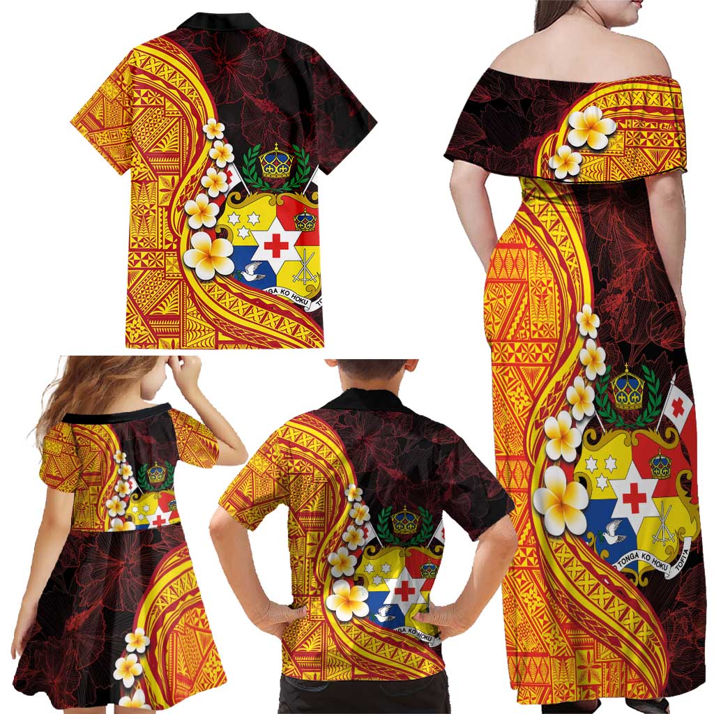 Tonga Culture Family Matching Off Shoulder Maxi Dress and Hawaiian Shirt Ngatu Pattern with Plumeria and Hibiscus LT03 - Polynesian Pride