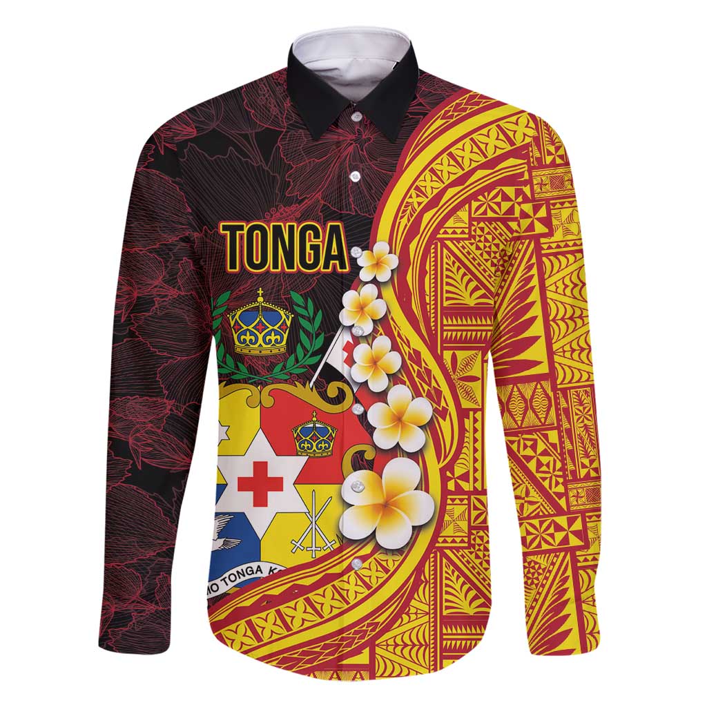 Tonga Culture Family Matching Off Shoulder Maxi Dress and Hawaiian Shirt Ngatu Pattern with Plumeria and Hibiscus LT03 Dad's Shirt - Long Sleeve Black - Polynesian Pride