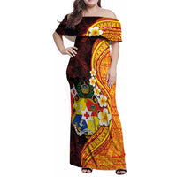 Tonga Culture Family Matching Off Shoulder Maxi Dress and Hawaiian Shirt Ngatu Pattern with Plumeria and Hibiscus LT03 Mom's Dress Black - Polynesian Pride