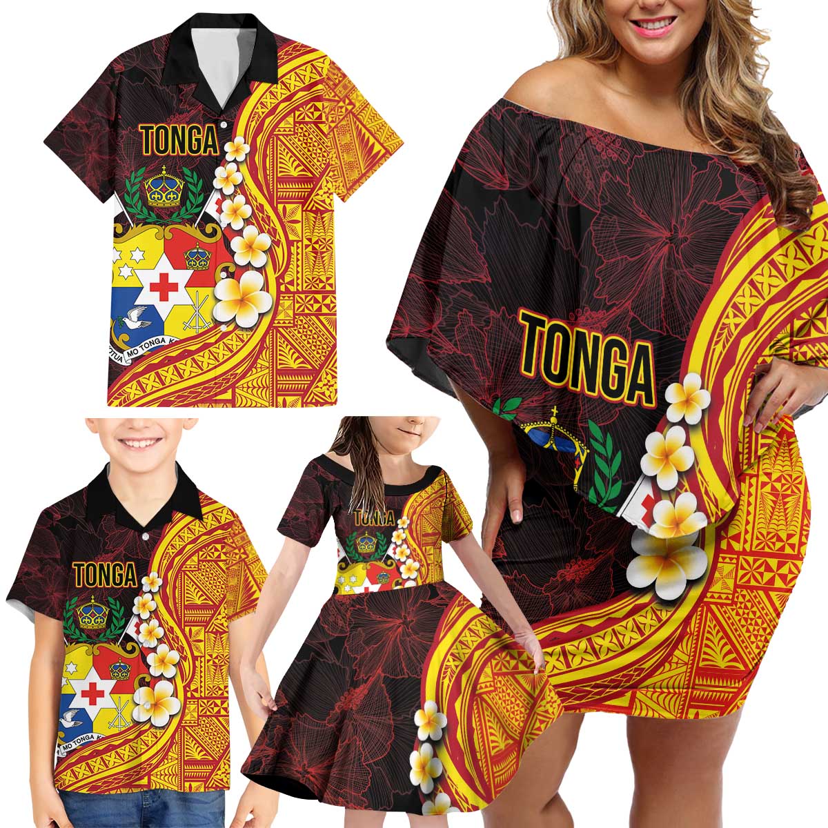 Tonga Culture Family Matching Off Shoulder Short Dress and Hawaiian Shirt Ngatu Pattern with Plumeria and Hibiscus LT03 - Polynesian Pride