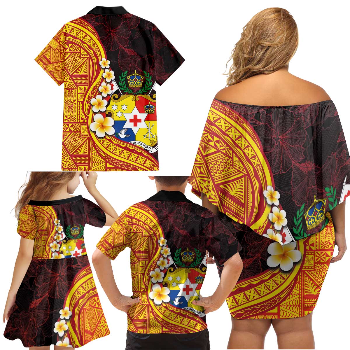 Tonga Culture Family Matching Off Shoulder Short Dress and Hawaiian Shirt Ngatu Pattern with Plumeria and Hibiscus LT03 - Polynesian Pride