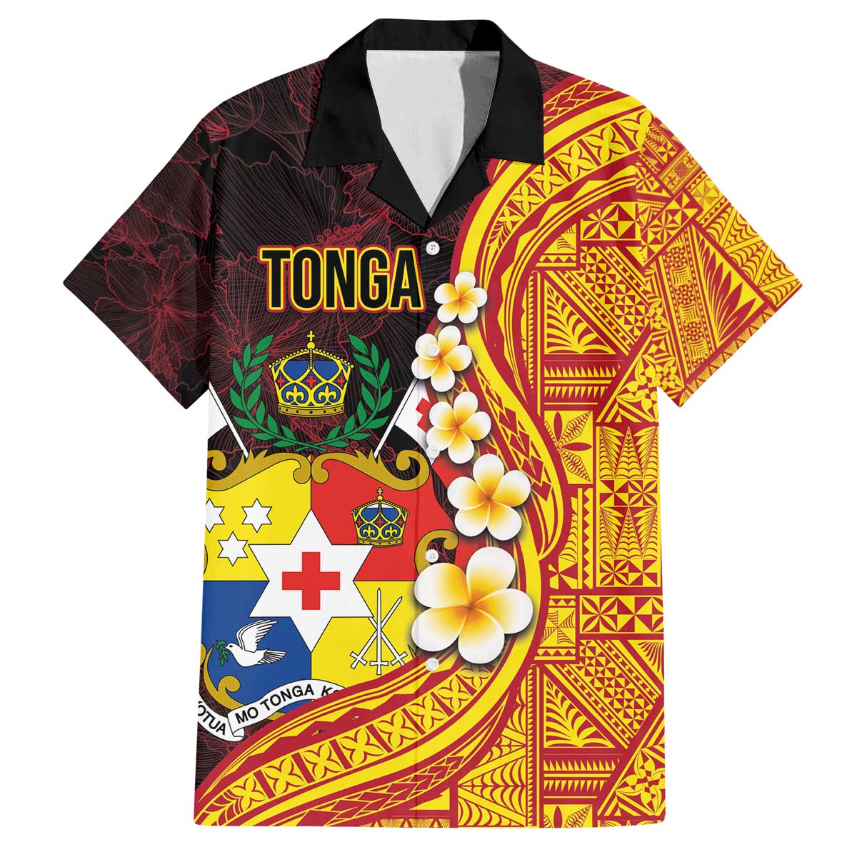 Tonga Culture Family Matching Off Shoulder Short Dress and Hawaiian Shirt Ngatu Pattern with Plumeria and Hibiscus LT03 Dad's Shirt - Short Sleeve Black - Polynesian Pride