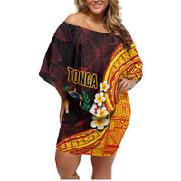 Tonga Culture Family Matching Off Shoulder Short Dress and Hawaiian Shirt Ngatu Pattern with Plumeria and Hibiscus LT03 Mom's Dress Black - Polynesian Pride