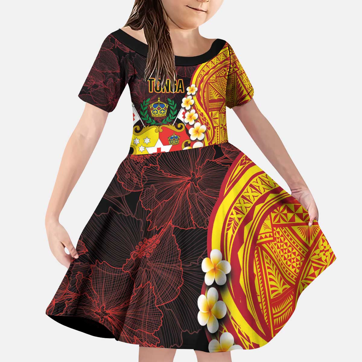 Tonga Culture Family Matching Puletasi and Hawaiian Shirt Ngatu Pattern with Plumeria and Hibiscus LT03 Daughter's Dress Black - Polynesian Pride