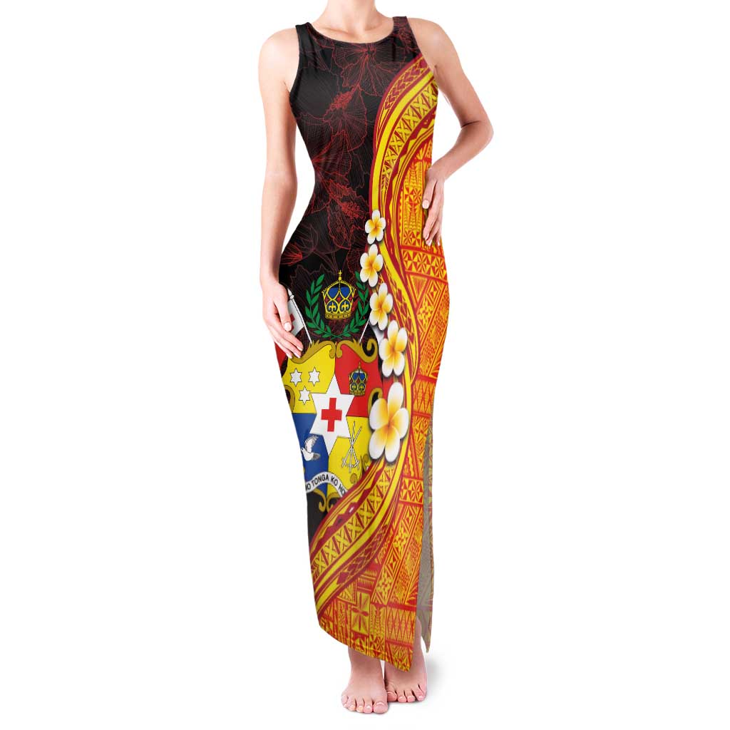 Tonga Culture Family Matching Tank Maxi Dress and Hawaiian Shirt Ngatu Pattern with Plumeria and Hibiscus LT03 Mom's Dress Black - Polynesian Pride