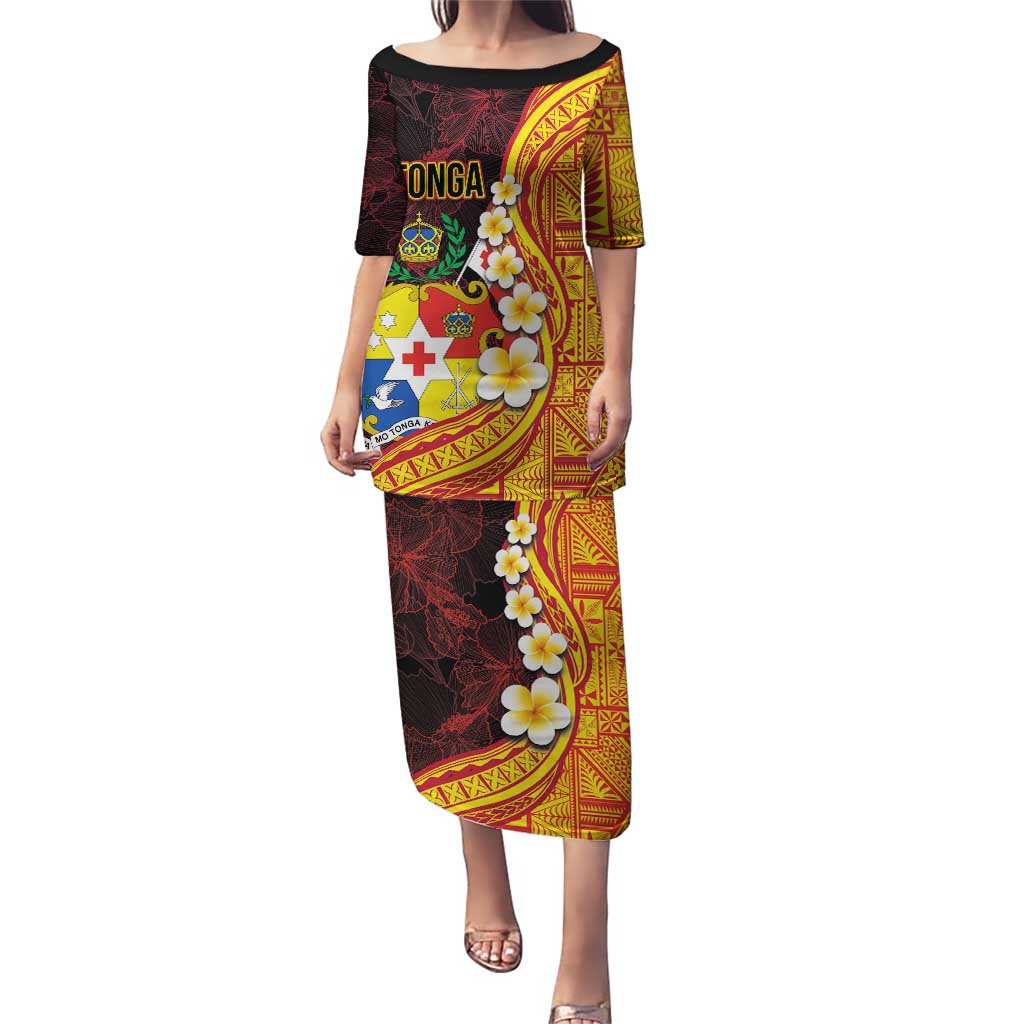 Tonga Culture Puletasi Ngatu Pattern with Plumeria and Hibiscus