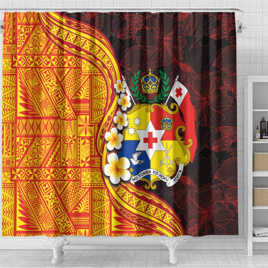 Tonga Culture Shower Curtain Ngatu Pattern with Plumeria and Hibiscus