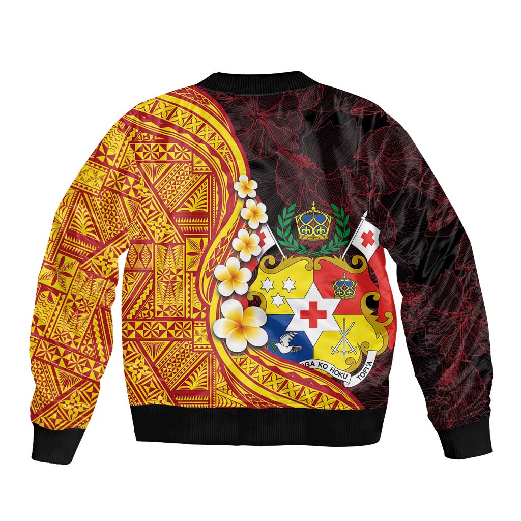 Tonga Culture Sleeve Zip Bomber Jacket Ngatu Pattern with Plumeria and Hibiscus