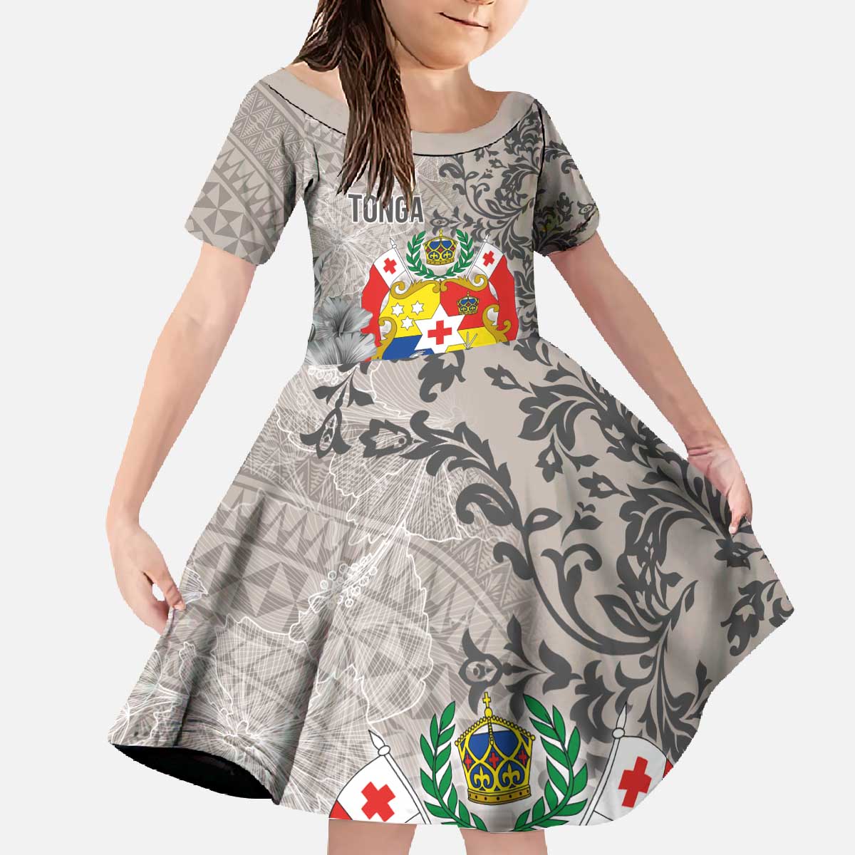 Tonga Culture Family Matching Off The Shoulder Long Sleeve Dress and Hawaiian Shirt Ngatu Pattern and Blooming Hibiscus LT03 Daughter's Dress Light Gray - Polynesian Pride