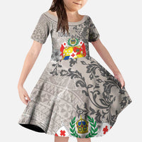 Tonga Culture Family Matching Off The Shoulder Long Sleeve Dress and Hawaiian Shirt Ngatu Pattern and Blooming Hibiscus LT03 Daughter's Dress Light Gray - Polynesian Pride