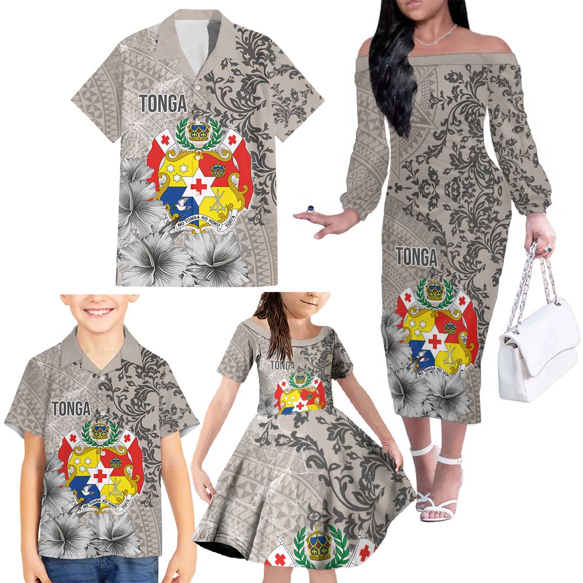Tonga Culture Family Matching Off The Shoulder Long Sleeve Dress and Hawaiian Shirt Ngatu Pattern and Blooming Hibiscus LT03 - Polynesian Pride