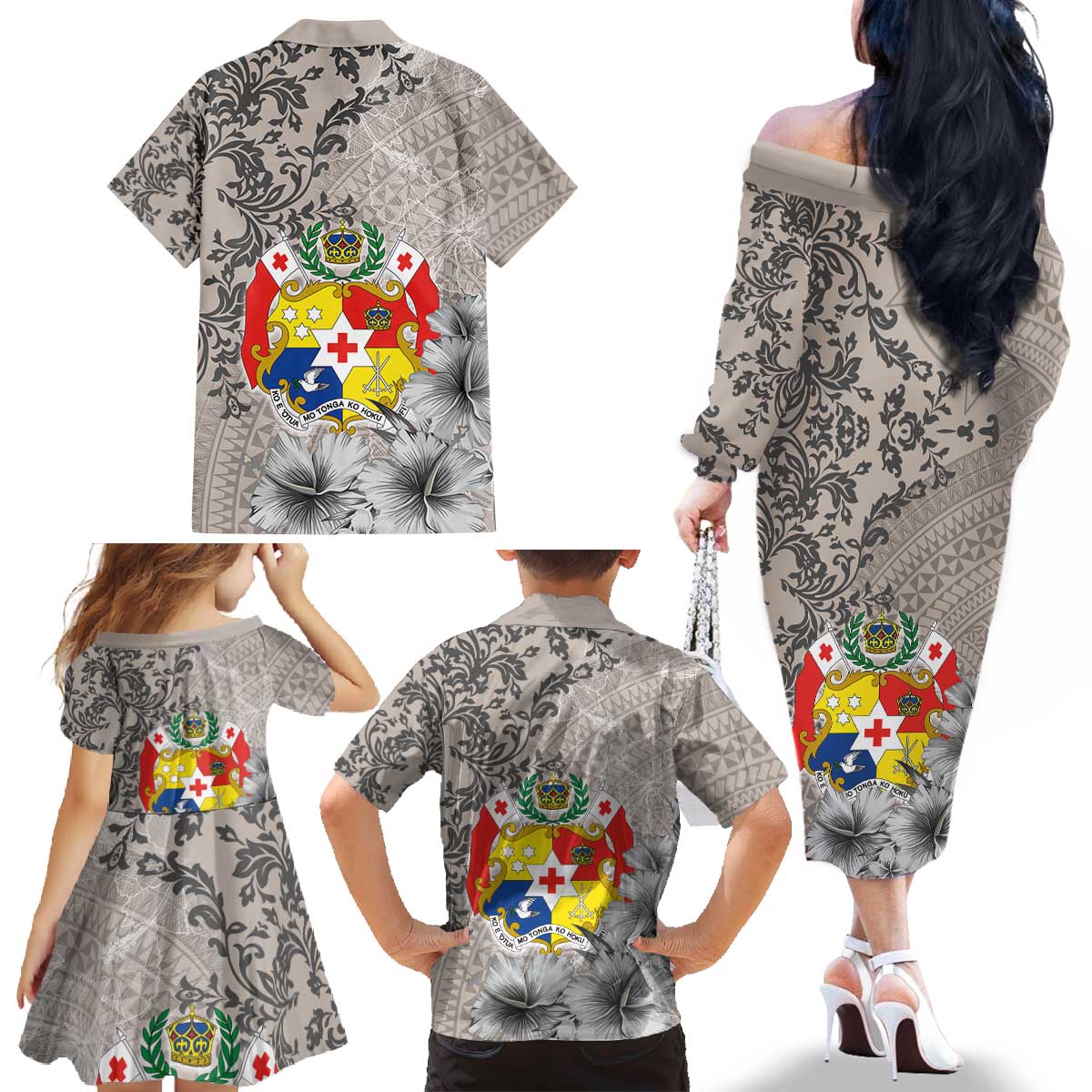 Tonga Culture Family Matching Off The Shoulder Long Sleeve Dress and Hawaiian Shirt Ngatu Pattern and Blooming Hibiscus LT03 - Polynesian Pride