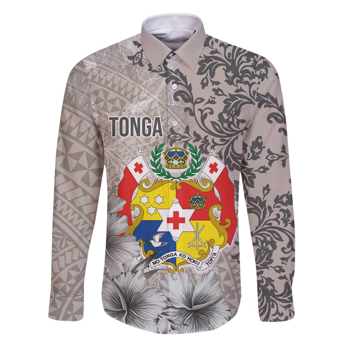Tonga Culture Family Matching Off The Shoulder Long Sleeve Dress and Hawaiian Shirt Ngatu Pattern and Blooming Hibiscus LT03 Dad's Shirt - Long Sleeve Light Gray - Polynesian Pride