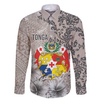 Tonga Culture Family Matching Off The Shoulder Long Sleeve Dress and Hawaiian Shirt Ngatu Pattern and Blooming Hibiscus LT03 Dad's Shirt - Long Sleeve Light Gray - Polynesian Pride