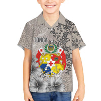 Tonga Culture Family Matching Off The Shoulder Long Sleeve Dress and Hawaiian Shirt Ngatu Pattern and Blooming Hibiscus LT03 Son's Shirt Light Gray - Polynesian Pride