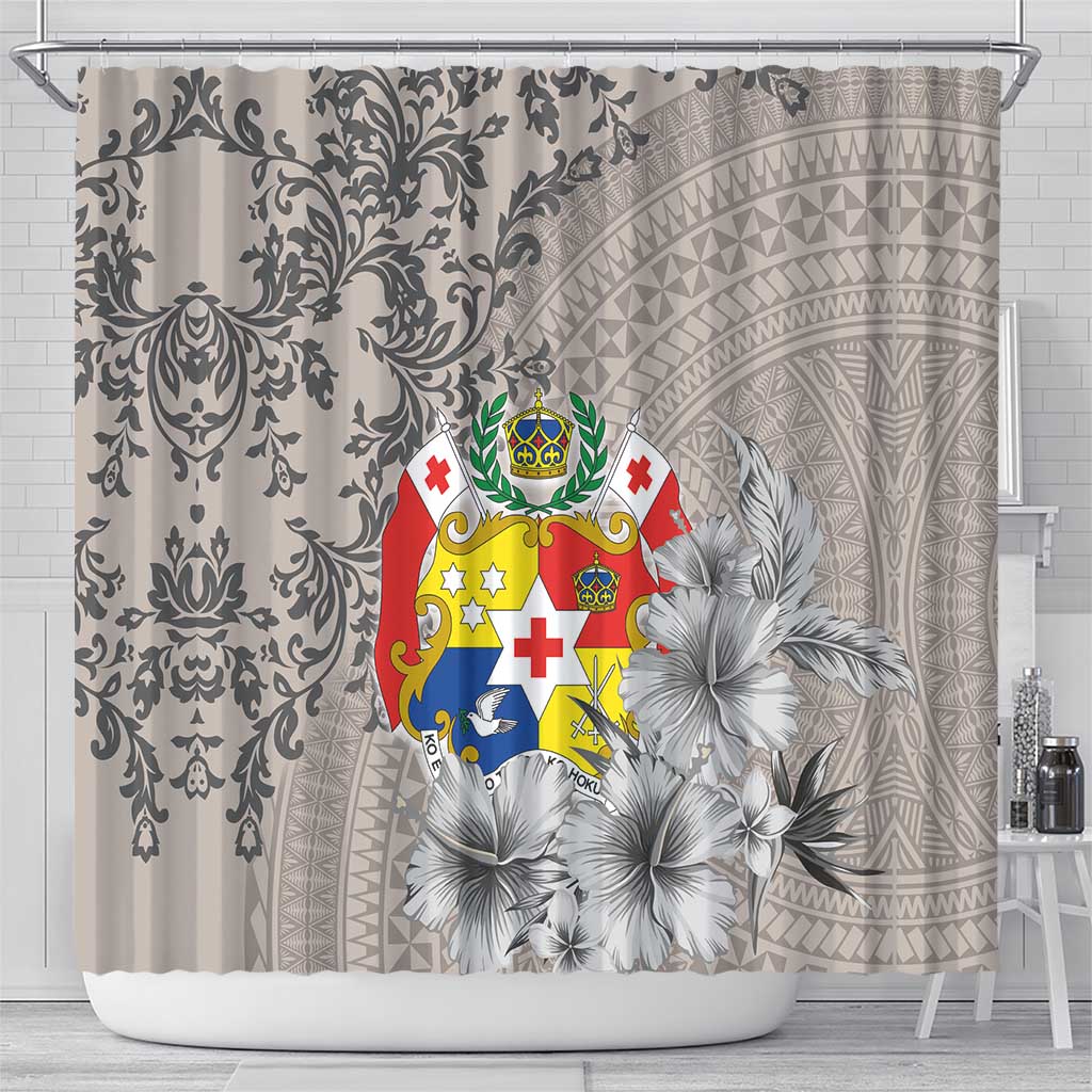 Tonga Culture Shower Curtain Ngatu Pattern and Blooming Hibiscus