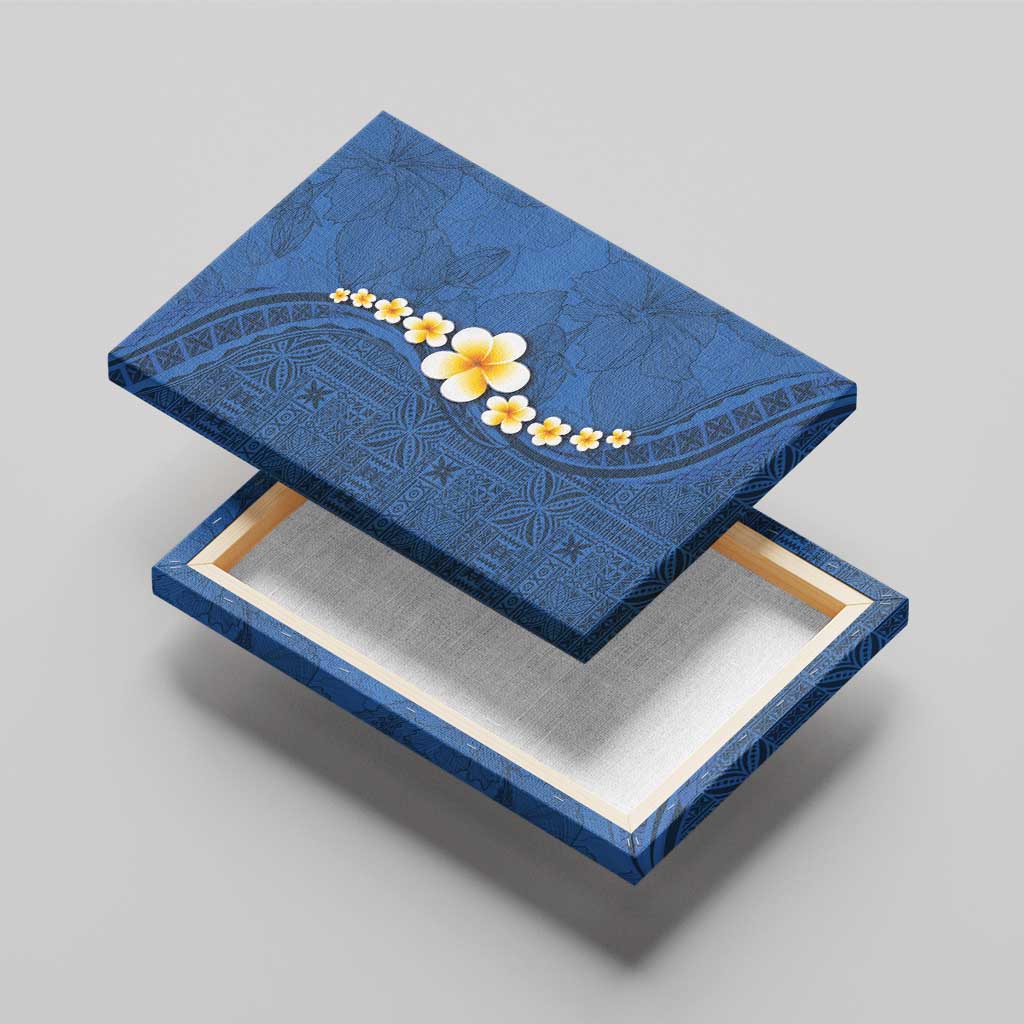 Polynesian Hibiscus and Plumeria with Tapa Pattern Canvas Wall Art Blue Color