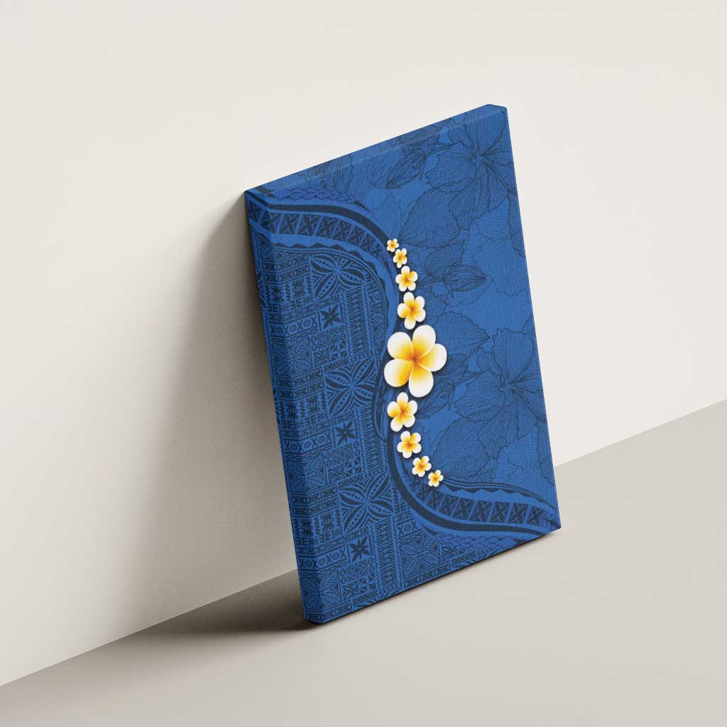 Polynesian Hibiscus and Plumeria with Tapa Pattern Canvas Wall Art Blue Color