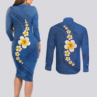 Polynesian Hibiscus and Plumeria with Tapa Pattern Couples Matching Long Sleeve Bodycon Dress and Long Sleeve Button Shirt Blue Color