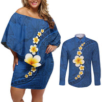Polynesian Hibiscus and Plumeria with Tapa Pattern Couples Matching Off Shoulder Short Dress and Long Sleeve Button Shirt Blue Color