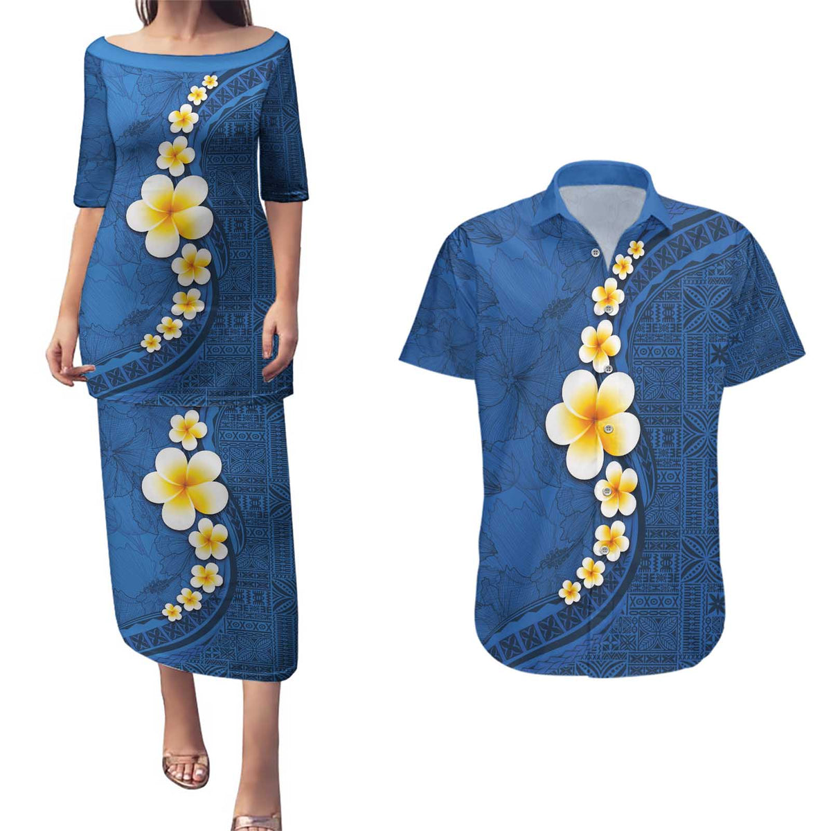 Polynesian Hibiscus and Plumeria with Tapa Pattern Couples Matching Puletasi and Hawaiian Shirt Blue Color